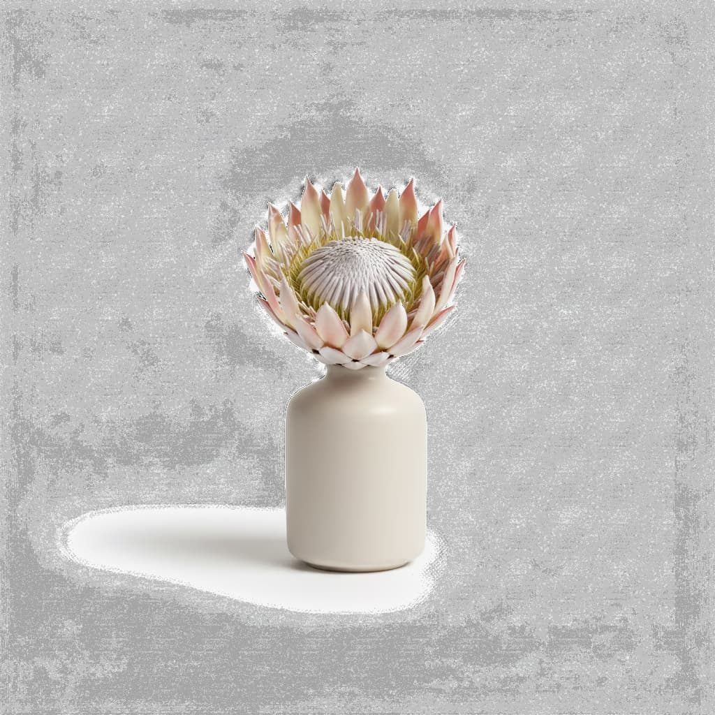 A king protea flower in a simple matte ceramic vase.